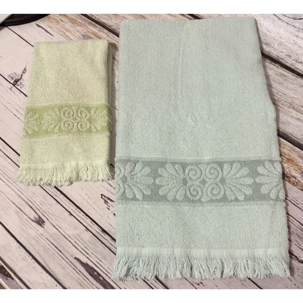 Vtg Cannon Monticello Santa Cruz Bath & Hand Towel Sculpted Fringe Greens